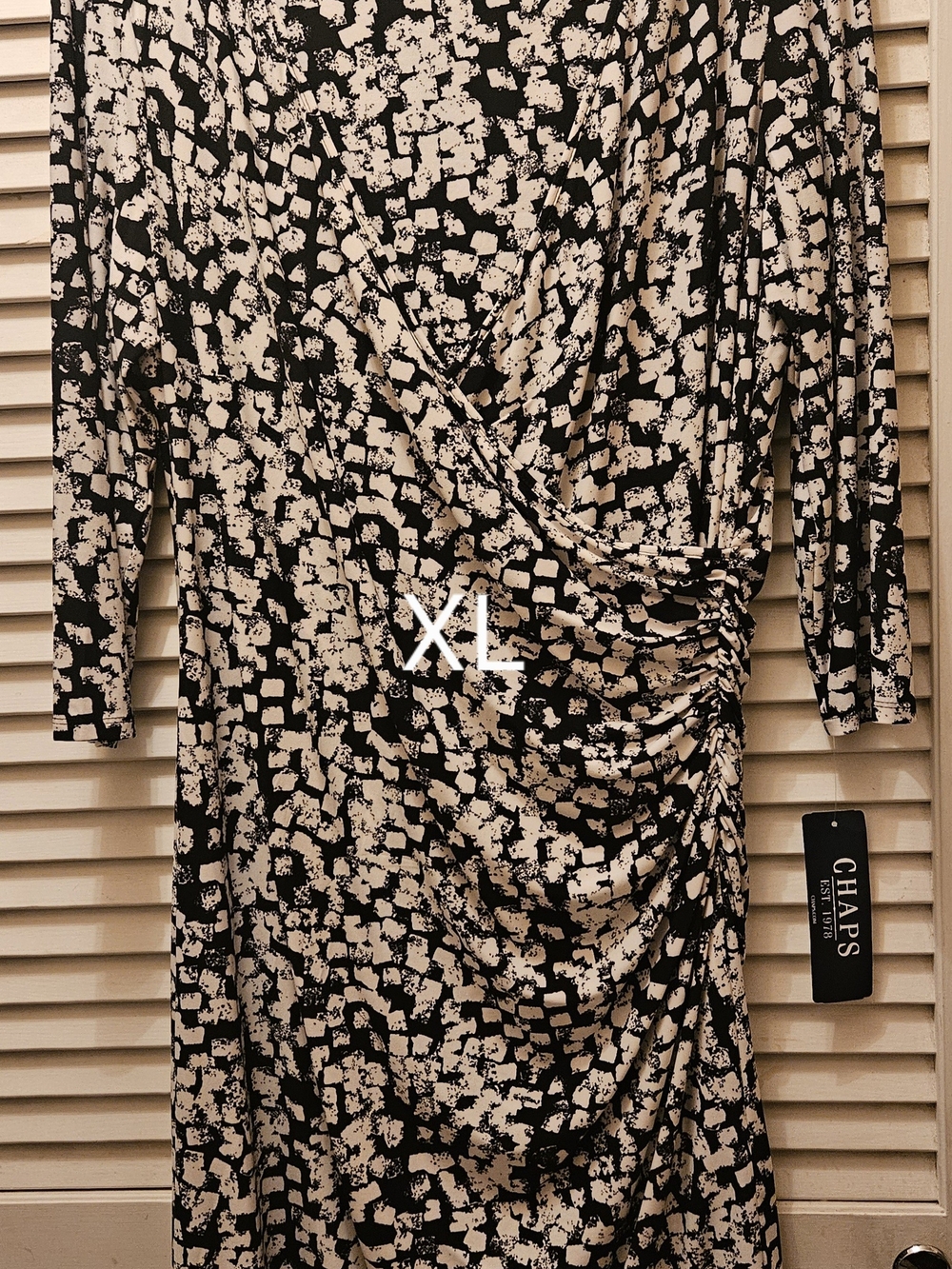 Chico's Black & Cream Printed Long Sleeve Ruched Wrap Dress